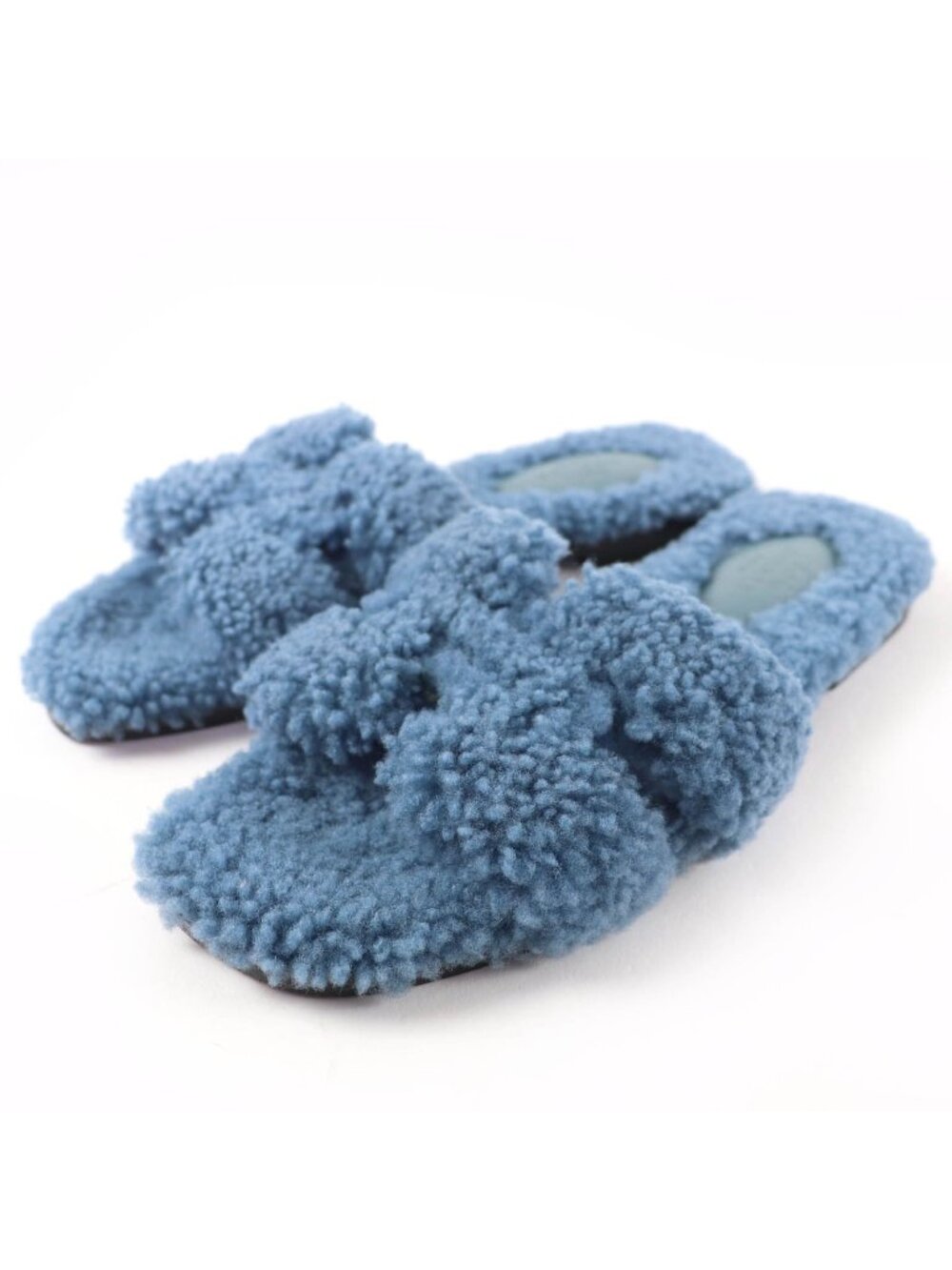Hermes Oran Shearling Leather Mules Flat Sandals Blue - Picture 1 of 10